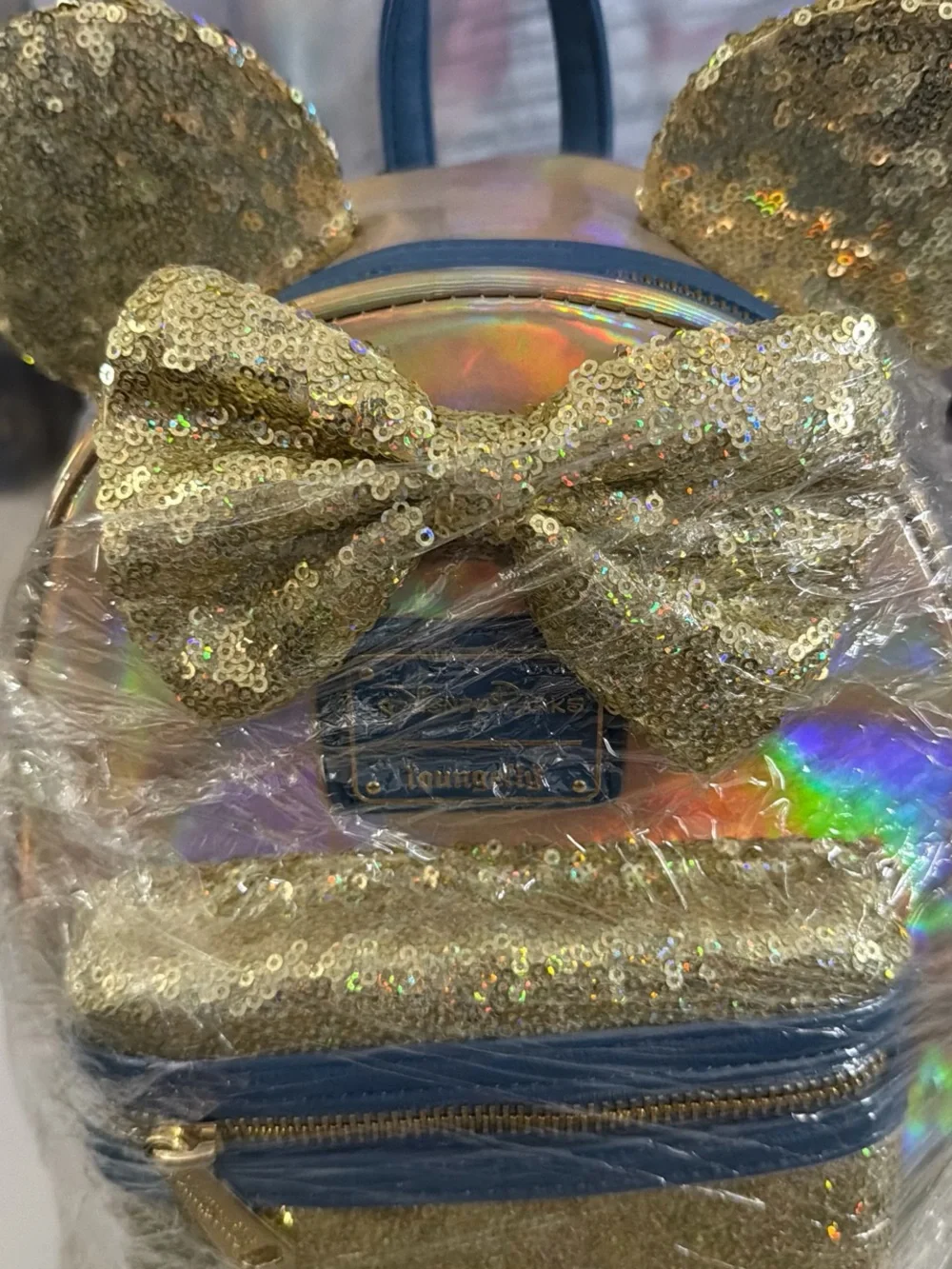 Loungefly Gold Sequin Mini Backpack with Navy Trim